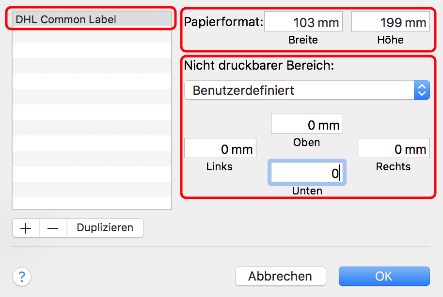 macOS Etiketteinrichten Papierformat